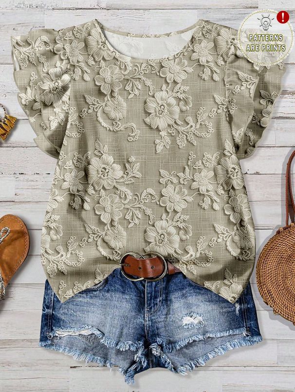 Women's Floral Print Casual Shirt Blouse With Ruffle Sleeves | Elegant Breathable Short Sleeve Top For Spring Summer_ecoleips.com