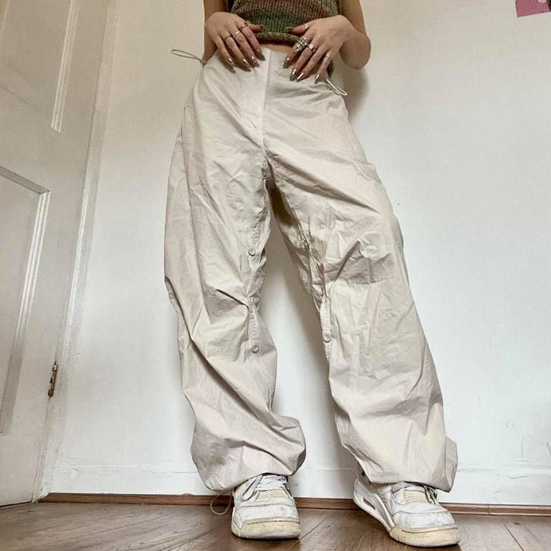 Women's Retro Street Style Loose Wide Leg Cargo Pants High Waist Adjustable Cuffs_ecoleips.com