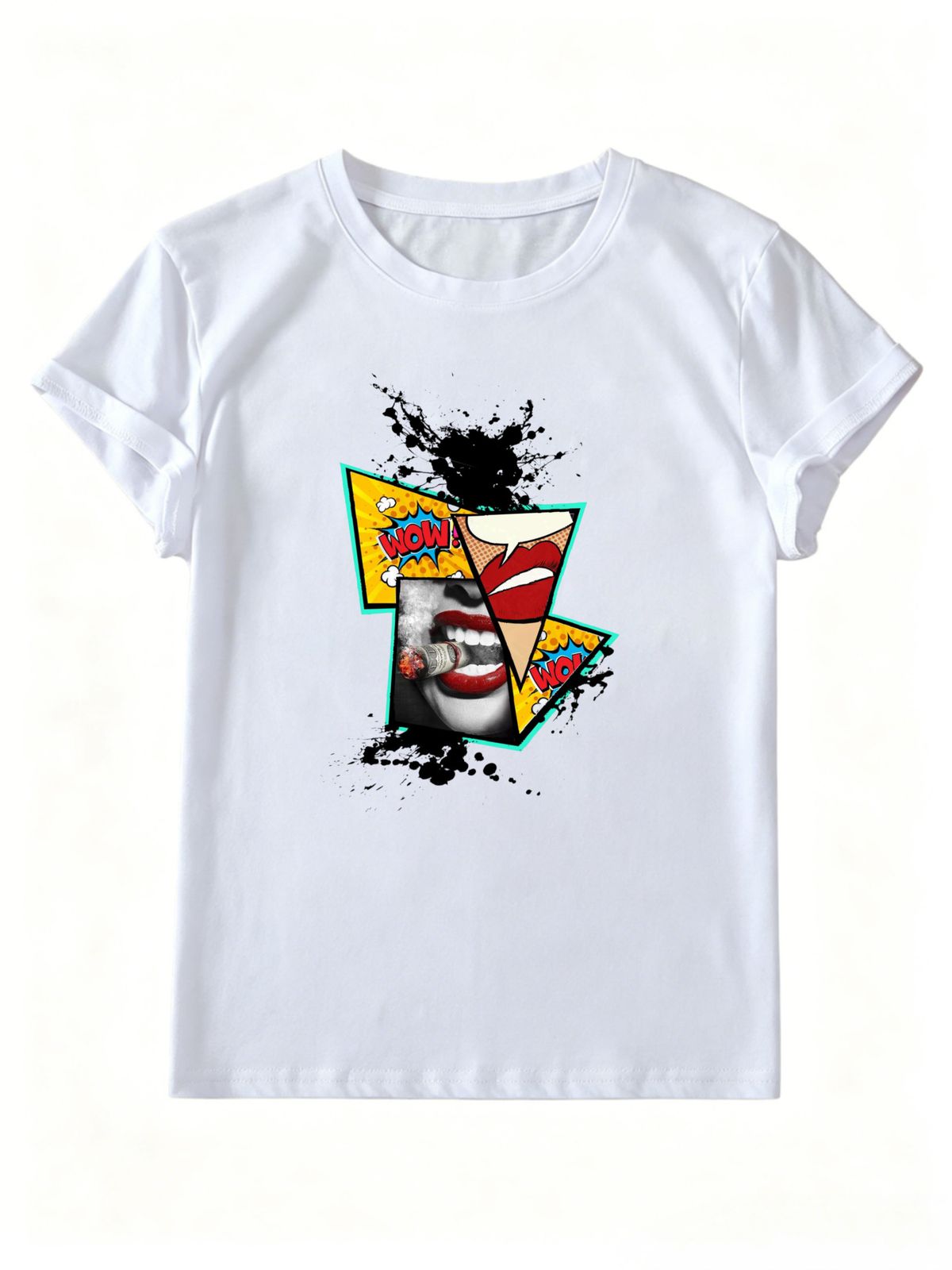 Women Pop Art Lips Cigar Collage Graphic T Shirt Retro Comic WOW Letter Print Splash Ink Crew Neck Short Sleeve Streetwear Summer Tee_ecoleips.com