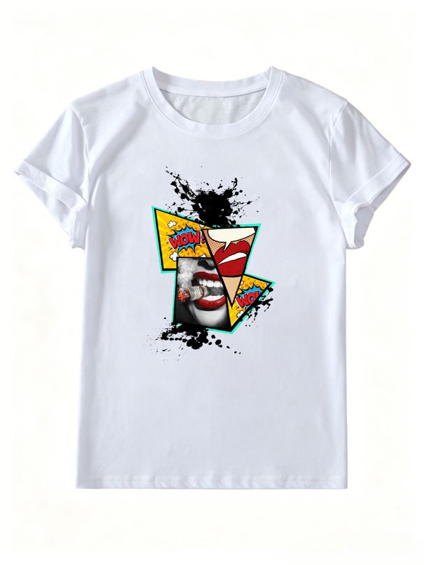 Women Pop Art Lips Cigar Collage Graphic T Shirt Retro Comic WOW Letter Print Splash Ink Crew Neck Short Sleeve Streetwear Summer Tee_ecoleips.com
