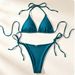 Teal Ribbed Triangle String Bikini Set Women Halter Tie Side Thong Bikini 2 Piece Swimsuit Summer Beach Bathing Suit_ecoleips.com
