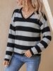 Black Grey Stripe Pit Rib Knit Top, Loose V Neck Lightweight Breathable Soft Skin-touch Long Sleeve Jumper_ecoleips.com