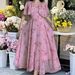 Pink Floral Vacation-Style Long Dress, Elegant And Gentle Printed Large Hem Dress For Women_ecoleips.com