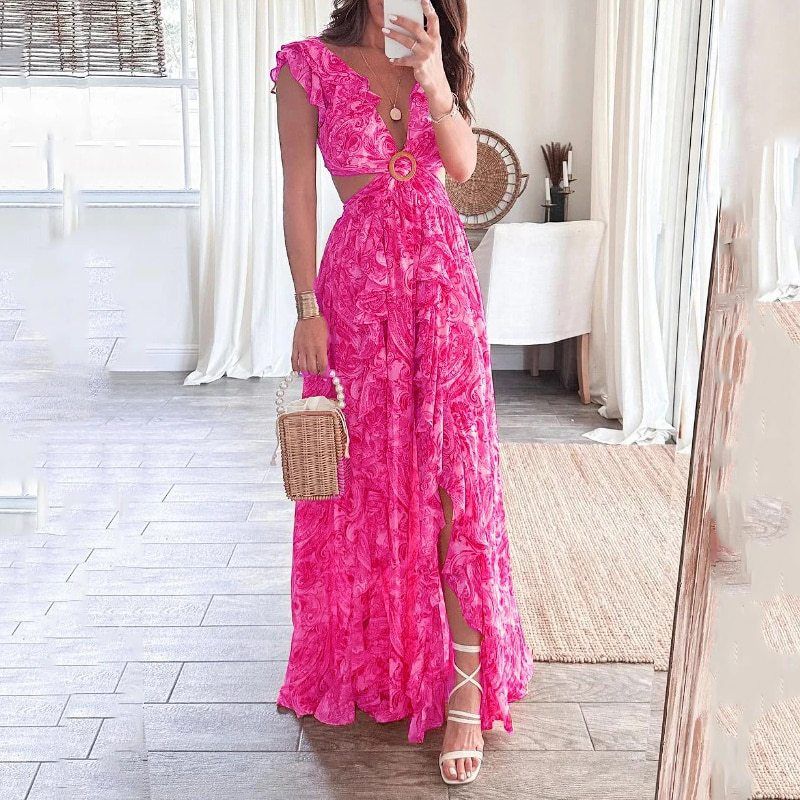 Spring New Women's Fashion Printed Dress V Neck Ruffled Slit Design European And American Style Foreign Trade Clothing_ecoleips.com