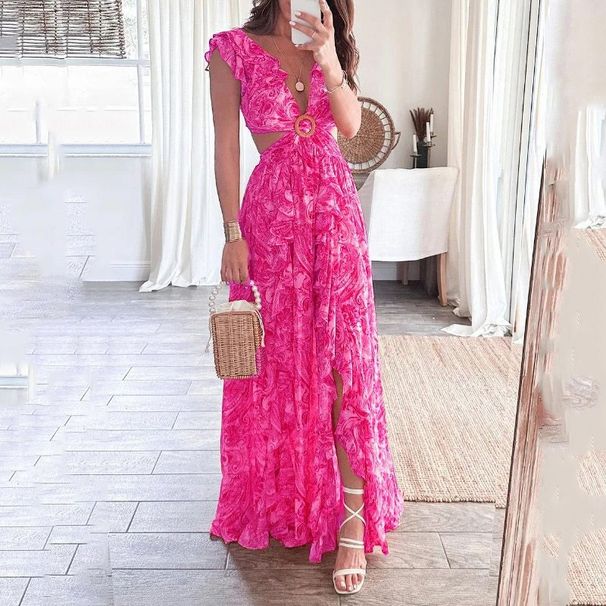 Spring New Women's Fashion Printed Dress V Neck Ruffled Slit Design European And American Style Foreign Trade Clothing_ecoleips.com
