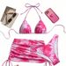 Rose Pink Gradient Floral Print Halter Neck Three Piece Women's Bikini Set Triangle Cups Drawstring Swimwear_ecoleips.com