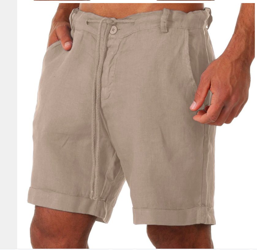 Men's Solid Color Sports Running Fitness Shorts Casual Cotton Linen Lace Up Sportswear_ecoleips.com