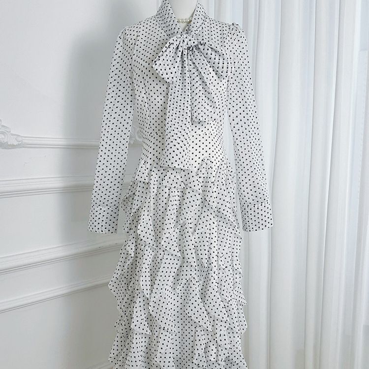French Court Style Polka Dot Fishtail Wave Skirt Heavy Duty Slimming Ruffle Hem Waist Cinching Scarf Collar Dress For Women_ecoleips.com