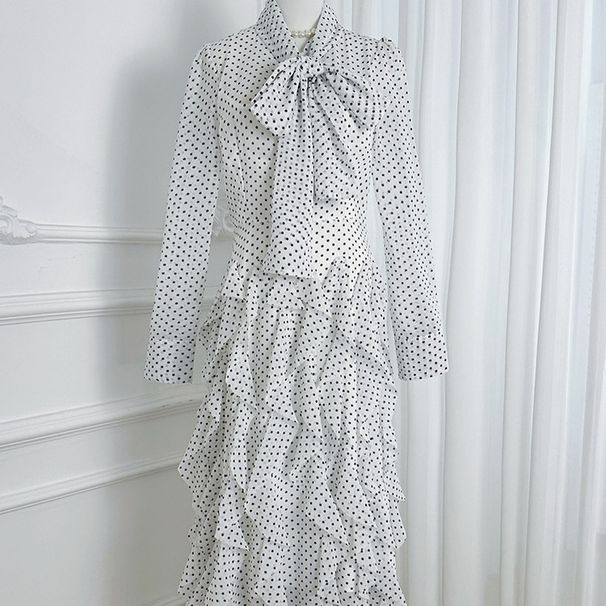 French Court Style Polka Dot Fishtail Wave Skirt Heavy Duty Slimming Ruffle Hem Waist Cinching Scarf Collar Dress For Women_ecoleips.com