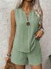 Women's Solid Color Casual Suit V-Neck Sleeveless Shirt with Pocket And Shorts Two-Piece Set European American Style_ecoleips.com