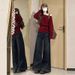 girl Red Off-Shoulder Long Sleeve Knitted Loose Sweater Top For Women, Autumn And Winter 2025 New Christmas Outfit_ecoleips.com