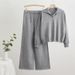 Solid Color Knit Lapel Top & Drawstring Wide Leg Pants Set - Comfortable Office & Casual Outfit For Women_ecoleips.com