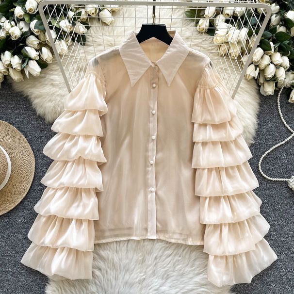 Women’s Clothing French High End Lady Layered Ruffled Long Sleeved Shirt Female Fashionable All Match Streamer Satin Top_ecoleips.com