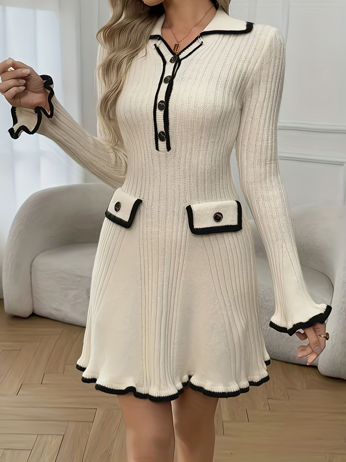 Elegant Knit Dress With Notched Collar & Flounce Hem – Slim Fit Long Sleeve Tunic For Women_ecoleips.com