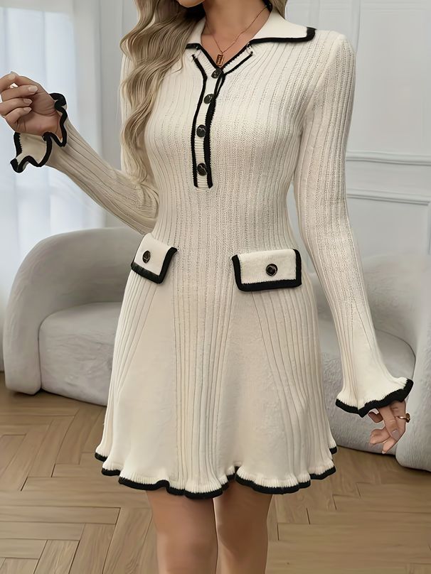 Elegant Knit Dress With Notched Collar & Flounce Hem – Slim Fit Long Sleeve Tunic For Women_ecoleips.com