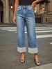 K New Elastic Straight Leg Jeans For Women, Retro Rolled Edge High Waisted Pants_ecoleips.com