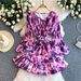Floral Print Sweetheart Dress for Women with Bow Tie round Neck Flutter Sleeves Waist Tie Ruffled Hem Versatile Design_ecoleips.com