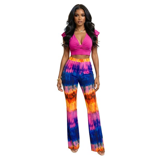 Women's Clothing High Waisted Solid Color Fashion Women's Two Piece Set Paired With Printed Pants Top For Formal & Casual For Women_ecoleips.com