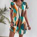 Women's Casual Elegant V-Neck Dress Geometric Print Flowy A-Line Midi Short Sleeve Dress for Vacation Elegant Style_ecoleips.com