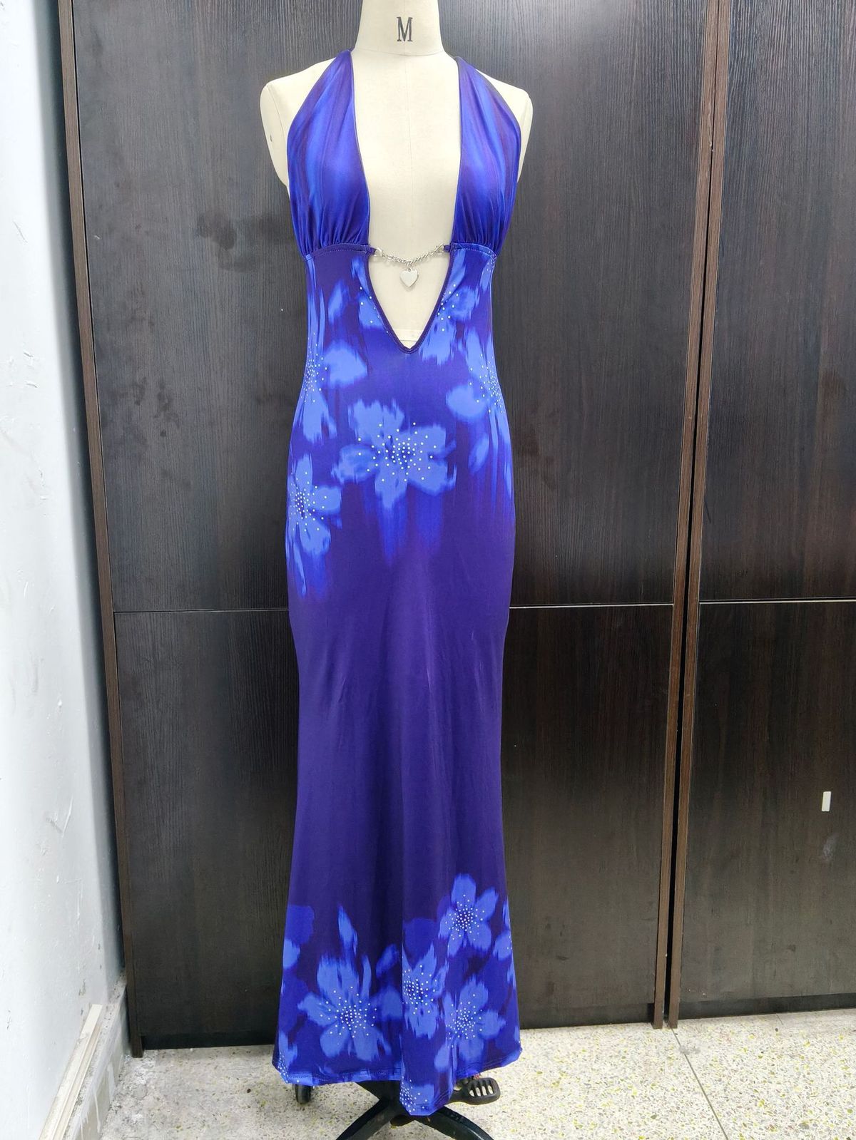 Gradient Blue Rhinestone Tie Dye Long Dress For Women Halter Neck Deep V Backless Slim Fit Party Evening Sexy_ecoleips.com
