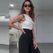 Women's Clothing fashion solid color oblique collar slim fit top high waist wide leg pants suit_ecoleips.com