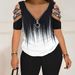 Women's Clothing Fashion Positioning Printed Short Sleeve Women's Casual V neck Zipper Top Shorts Two piece Set_ecoleips.com
