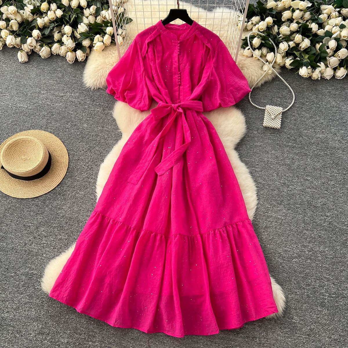 Women's Clothing Stand Up Collar Lantern Sleeves Tie Waist Dress For Women Slim Temperament Shiny Ruffled Long Skirt_ecoleips.com