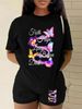 Summer Women's Casual And Fashionable Butterfly Letter Graphic Printed Loose T-shirt Shorts Two-piece Set Sportswear Suitable For Daily Wear-148_ecoleips.com