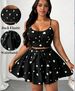 Curvy Heart Print Two Piece Set, Shirred Back Bow Tie A-Line Skirt For Beach Festival Party_ecoleips.com