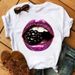 New T-shirt With Large Lips Print, White Vintage Plus-size Women's Short-sleeve Tee_ecoleips.com