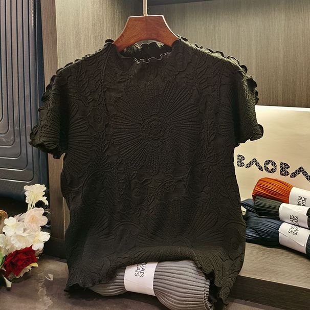 Women's Clothing Stand Collar Pleated One Piece Fold Sun Embossed T Shirt Pullover Solid Color Short Sleeved Top Classic Heavy Embroidery Style_ecoleips.com