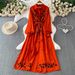 Women's French Retro Long Sleeve Dress Heavy Embroidery Lapel Loose Fit Slimming Casual Cardigan Summer Dress_ecoleips.com