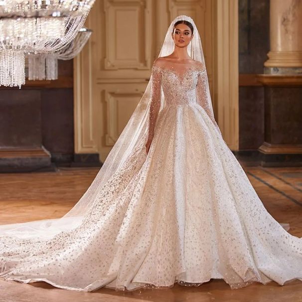 Elegant Handcrafted Wedding Dress With Deep V-Neck & Long Sleeves, Luxurious Polyester Fabric, Floor-Length Gown For Brides_ecoleips.com