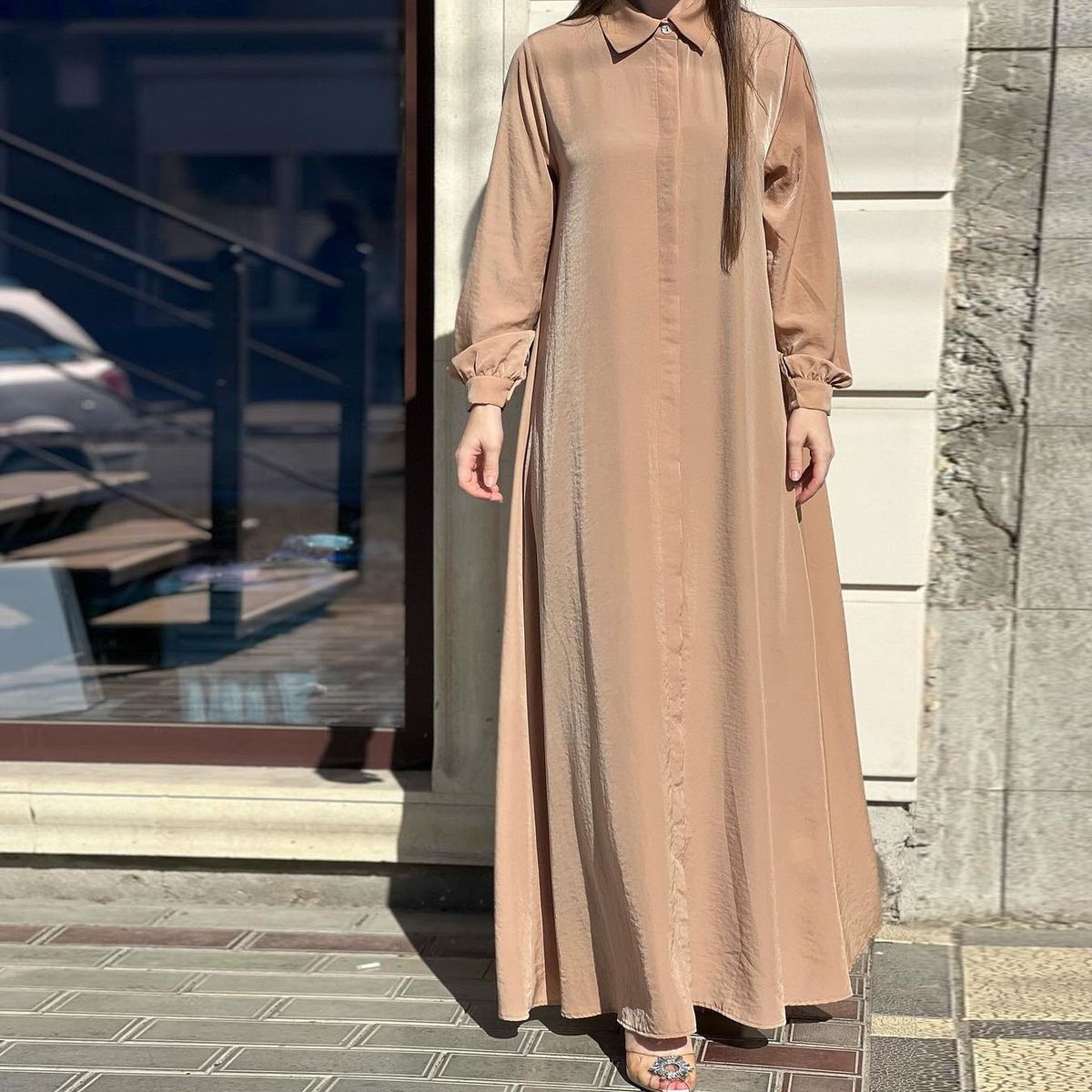 Modest Abaya Dress Oversized Shirt Dress For Women Trendy Long Sleeve Button Down Tunic Dress With Belt – Polyester A-Line Maxi Dress_ecoleips.com