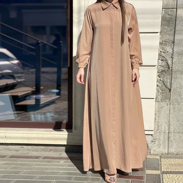 Modest Abaya Dress Oversized Shirt Dress For Women Trendy Long Sleeve Button Down Tunic Dress With Belt – Polyester A-Line Maxi Dress_ecoleips.com