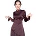 Women's Long Sleeved Midi Dress Fitted Waist Exotic Tie Up Design Solid Color Slimming Effect European American Style For Spring_ecoleips.com
