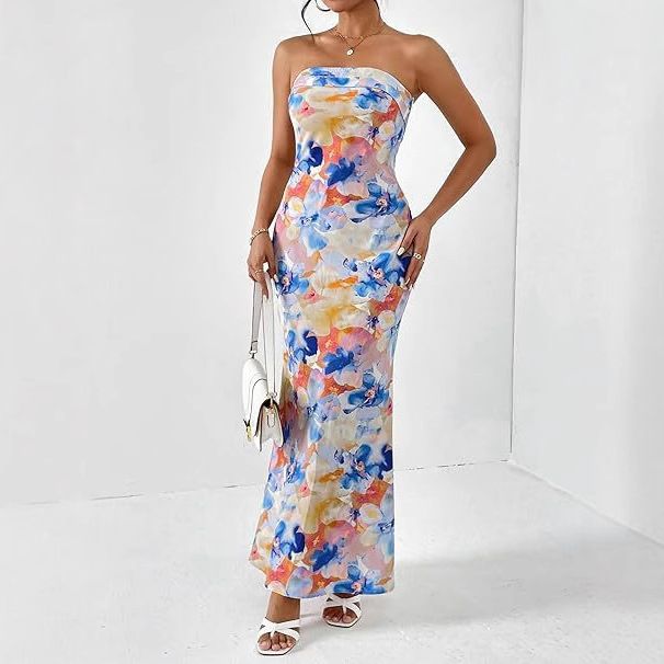 plus Size Elegant Backless Strapless Dress Summer New European American Style Ankle-Length Casual Women's Sleeveless Gown_ecoleips.com