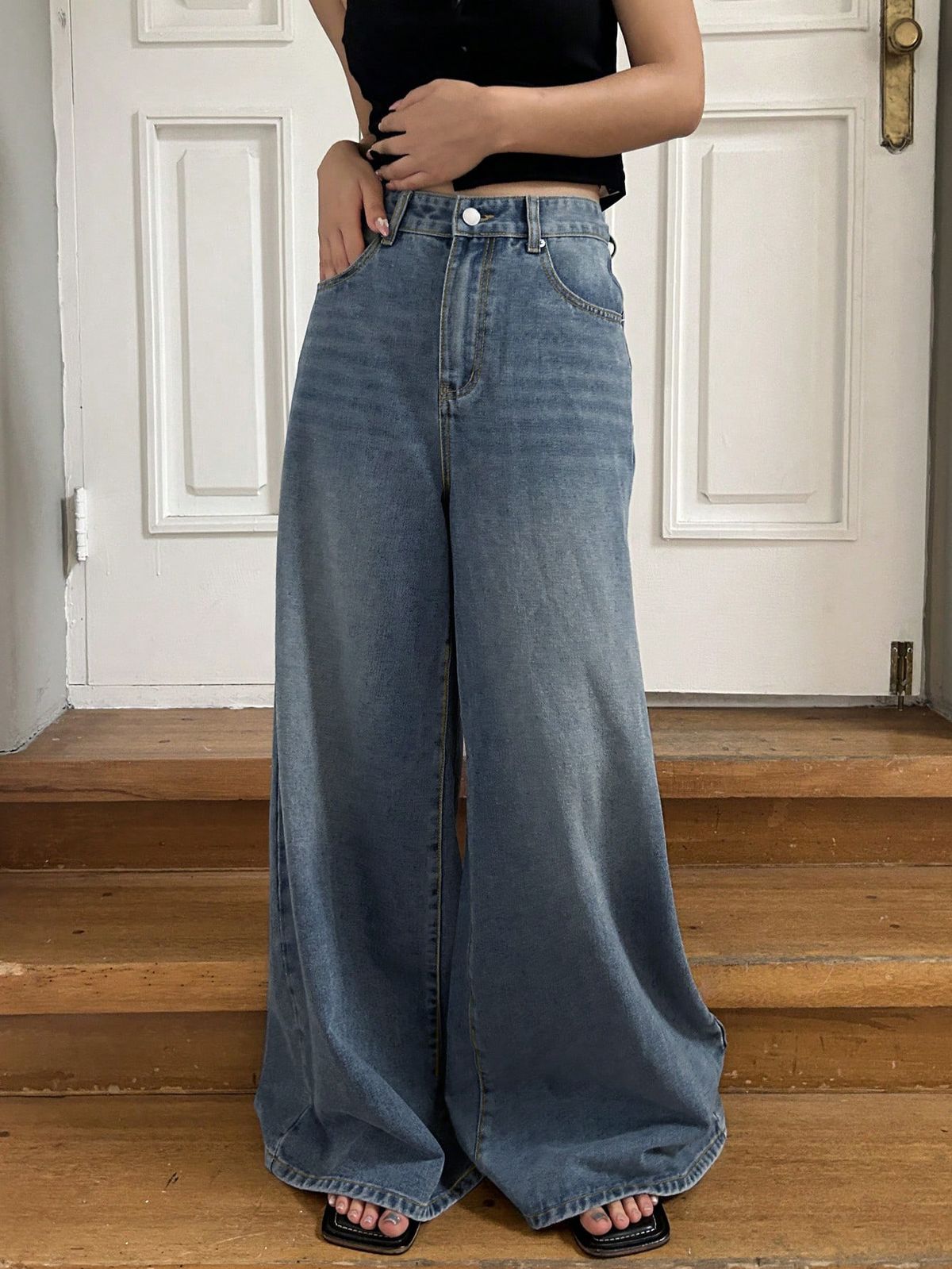 Women's Washed Blue Wide Leg Jeans Loose Straight Slimming Casual Pants European American Style_ecoleips.com
