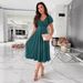 Commuter Solid Color V-Neck Waist Puff Sleeve Big Swing Dress Women's Clothing_ecoleips.com
