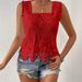 Women's Square Neck Lace Hollow Out Sleeveless Top Breathable Solid Color Summer Shirt Fashion Vest_ecoleips.com