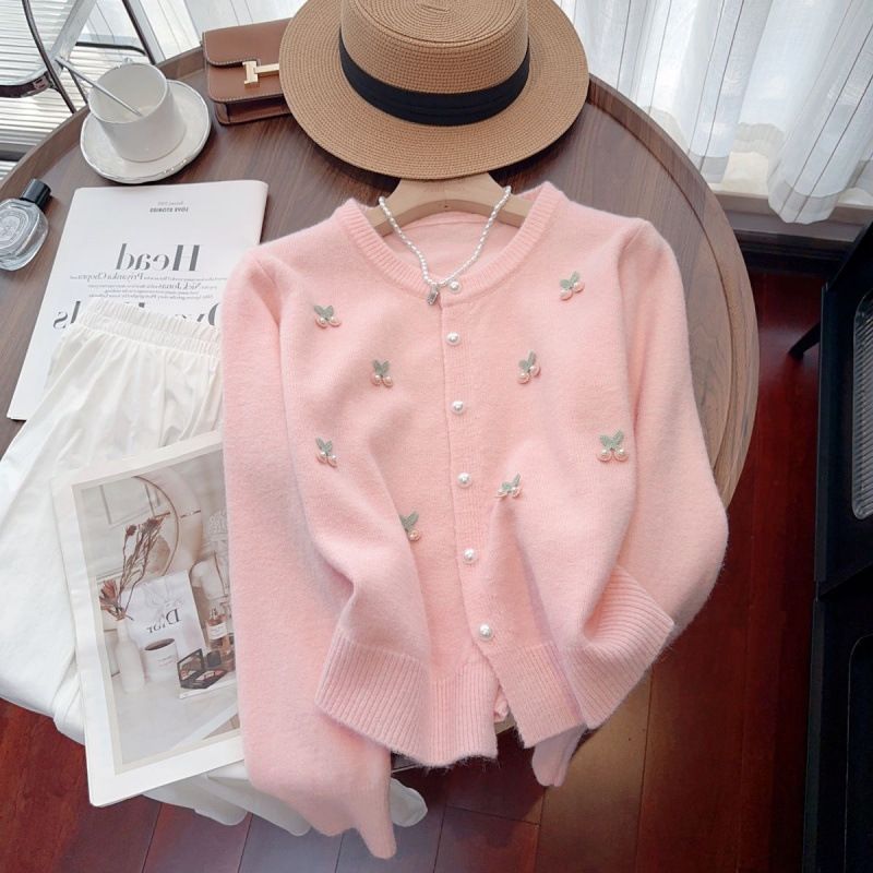 Women's Light Blue Cherry Embroidery Knit Cardigan, Long Sleeve Crew Neck Pearl Button Sweater, Soft Fuzzy Casual Daily Wear Cropped Knitwear For Euro_ecoleips.com