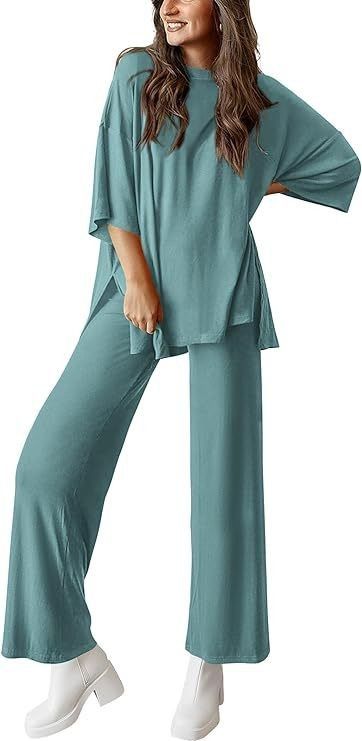 Women's Autumn Solid Color Loose Top And Pants Set Comfortable Short Sleeve With Side Pockets_ecoleips.com