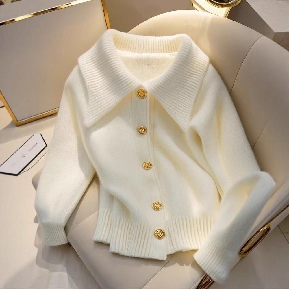 Notch Collar Knit Cardigan – Solid Color Long Sleeve Sweater For Women, Office & Casual Wear_ecoleips.com