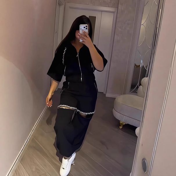 Women's Casual Sportswear Set 26 Years Fashion Zipper Rhinestone Chain Embellishments Two Piece_ecoleips.com