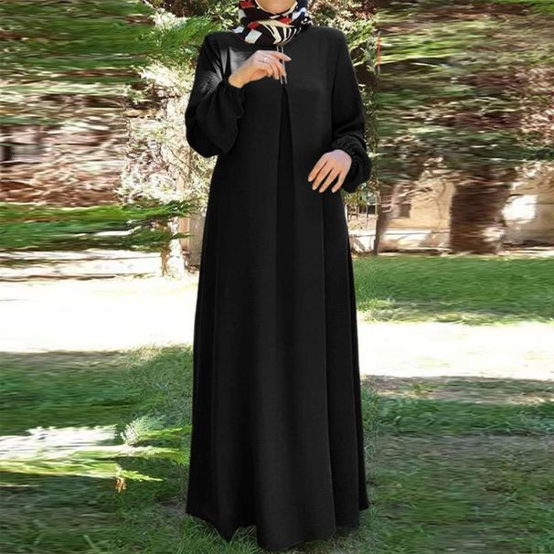 In-stock Muslim Women's Clothing New Model: Cross-border Arabic Solid Color Dress With Ribbon, Puff Sleeves, Loose Fit,_ecoleips.com