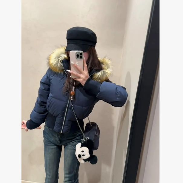 girl Navy Blue Fur Collar Hooded Short Jacket For Women Winter New American Retro Slim Fit Thickened Warm Down Cotton Coat_ecoleips.com