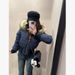 girl Navy Blue Fur Collar Hooded Short Jacket For Women Winter New American Retro Slim Fit Thickened Warm Down Cotton Coat_ecoleips.com