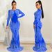 Women's nightclub style sexy hot diamond mesh see-through long-sleeved long skirt dress for women_ecoleips.com