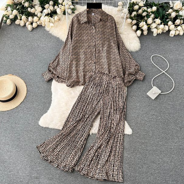 Women's Casual Loose Versatile Lantern Sleeve Shirt Suit High Waist Pleated Wide Leg Flared Pants_ecoleips.com