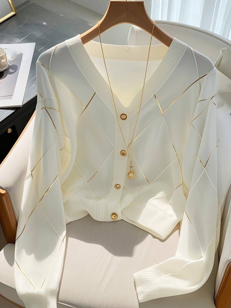Women's Clothing Chic White Knitted Cardigan For Women Early Autumn Stylish High End Chic Diamond Checkered Top Long Sleeved Jacket_ecoleips.com